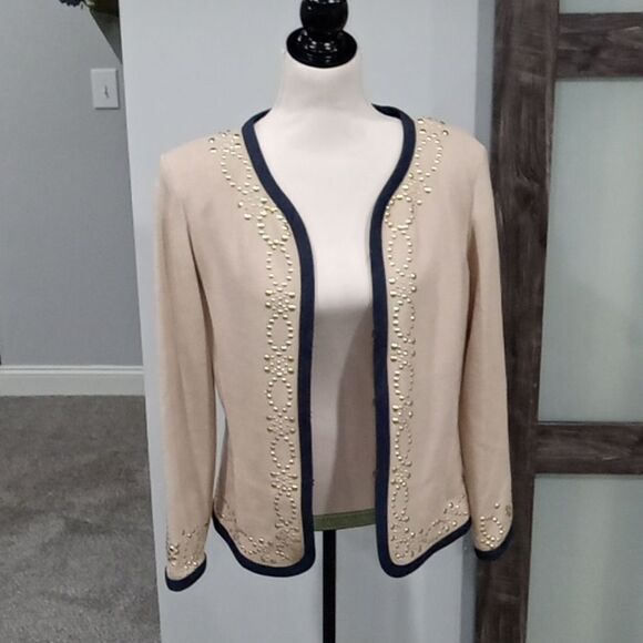 St John Collection classic beige w indigo blue trim cardigan/ jacket size 10 NWT - Picture 2 of 6